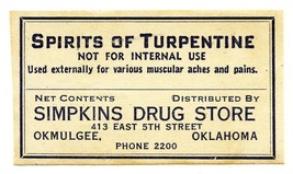 1 Vintage Pharmacy Label SPIRITS OF TURPENTINE Simpkins Drug Store Okmul... - $28.11