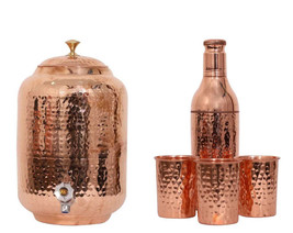 Indian Handmade Hand Hammered Pure Copper Water Dispenser Pot 4 Ltr Tank 3Glasss - £82.38 GBP