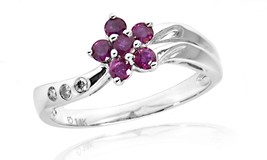 14 K 0.40 ct White Gold Genuine Ruby Flower with 0.03 ct Diamond Ring - £125.75 GBP