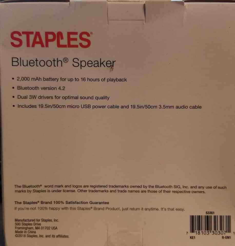 70Staples Bluetooth Speaker Wireless Up to  16 Hours of Playback (LOC TUB L-5) Item image 2