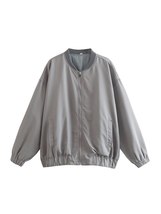 YENKYE Women Oversize Gray Bomber Jacket Vintage Long Sleeve Zipper Female Outer - £41.90 GBP