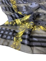 Vintage Anne Klein Scarf Black Chiffon Polka Dot Gold Ribbon Stripe Shee... - $27.61