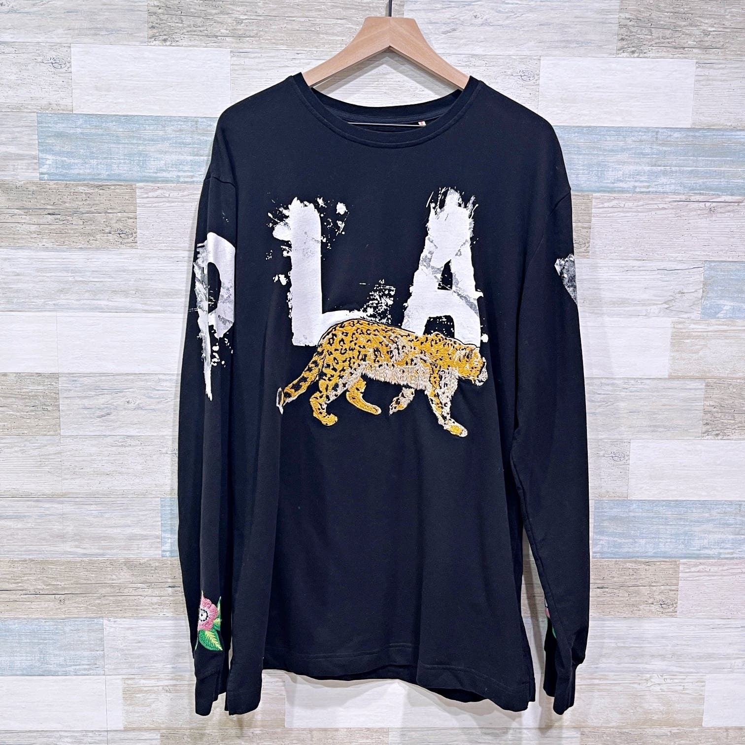 Primary image for Play Cloths Graffiti Logo Leopard Long Sleeve Tee Black Cotton Blend Mens XL