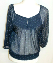 ABERCROMBIE &amp; FITCH BLOUSE SMALL NAVY BLUE 3/4 SLEEVE SEE THROUGH BOHEMI... - £14.00 GBP