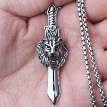 Punk Rock Animal Lion Head Sword Pendant Necklace Men&#39;s Biker Jewelry Chain 24&quot; - £13.39 GBP