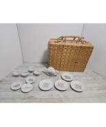 Vintage Floral Porcelain Doll Miniature Tea Set 12pcs with Wicker Basket... - $27.29 CAD