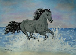 Painting Horse Running On Ocean Beach Original Signed Art By Carla Dancey - £17.67 GBP