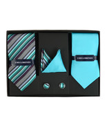 Striped &amp; Solid Tie with Matching Hanky &amp; Cufflinks - Turquoise - £14.00 GBP