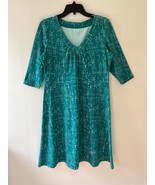 EDDIE BAUER Sz L Midi Stretch Green Dress Shift Printed Shirred V Neck - $646.12 MXN