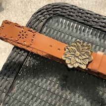 Genuine Leather Belt Cognac Brown Flower Buckle Braided Detail Women&#39;s Medium - £20.15 GBP