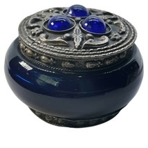 Vtg Round Blue Glass Bead Silver Tone Trinket Box Lift Off Lid Black Lining READ - £14.64 GBP