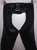 UNIK BLACK LEATHER MOTORCYCLE RIDING CHAPS-M-29-34&quot; WAIST ADJUSTMENT - $48.65 CAD