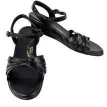 SAS Strippy Quarter Strap Sandals 7.5 Black Patent Leather 1.5&quot; Wedge Heels - £39.96 GBP