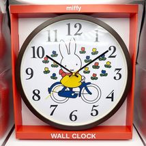 Miffy Clock Wall Round Dk Wood Look Bunny Bicycle Flower Multicolor New 16” - $55.00
