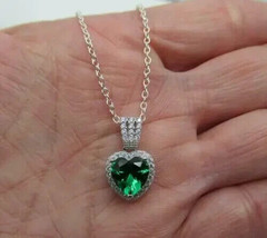 2.50Ct Heart Cut Simulated Emerald Pendant  14K White Gold Plated 18&quot; Free Chain - £32.49 GBP