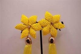 NIB Une Douce Bright Yellow Beaded Tassel Flower Dangle Pierced Earrings 5&quot;  - £15.17 GBP