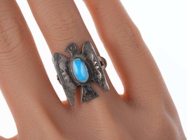 c1940&#39;s Navajo Hand Stamped silver turquoise thunderbird ring - £138.52 GBP