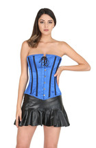 Blue Satin Black Strips Lace Busk Opening Burlesque Costume Corset Waist Trainer - £47.78 GBP