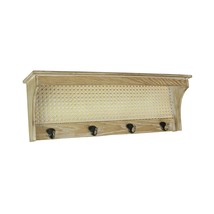Wooden Wall Shelf With Rattan Mesh Cane Webbing and Four Metal Hooks - £46.92 GBP