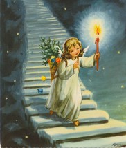 Angel Descending Flight of Stairs W/ Candle &amp;Tree Vintage GEL Christmas Postcard - £11.27 GBP