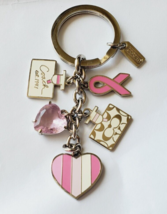 Coach Keychain Pink Cancer Ribbon Pink Swarovski Heart Nurses Cure Bottles NEW - £42.68 GBP