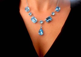 Aquamarine Blue Crystal Y Necklace in Platinum Regency Jewelry Georgian Collet f - £131.83 GBP