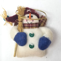 Country Snowman Christmas Ornament Red Gold Scarf Broomstick Fabric 1990 Vintage - £9.67 GBP
