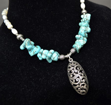Turquoise and shell necklace, tribal gemstone necklace, Boho (997) - £55.21 GBP