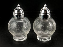 Glass Ball Shape Salt &amp; Pepper Shakers, Metal Lids, Embossed Floral, 195... - £19.31 GBP