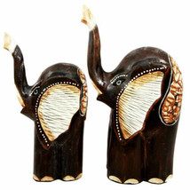 Balinese Wood Handicrafts Abstract Jungle Elephant And Calf Figurine Set... - $37.99