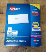 Avery Easy Peel Mailing Address Labels Laser 1 x 2 5/8 White 3000/Box (5160) - £19.73 GBP