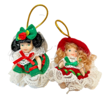 Vintage Porcelain Girl Dolls 3&quot; Christmas Ornaments Red Green Lot 2 - £13.23 GBP