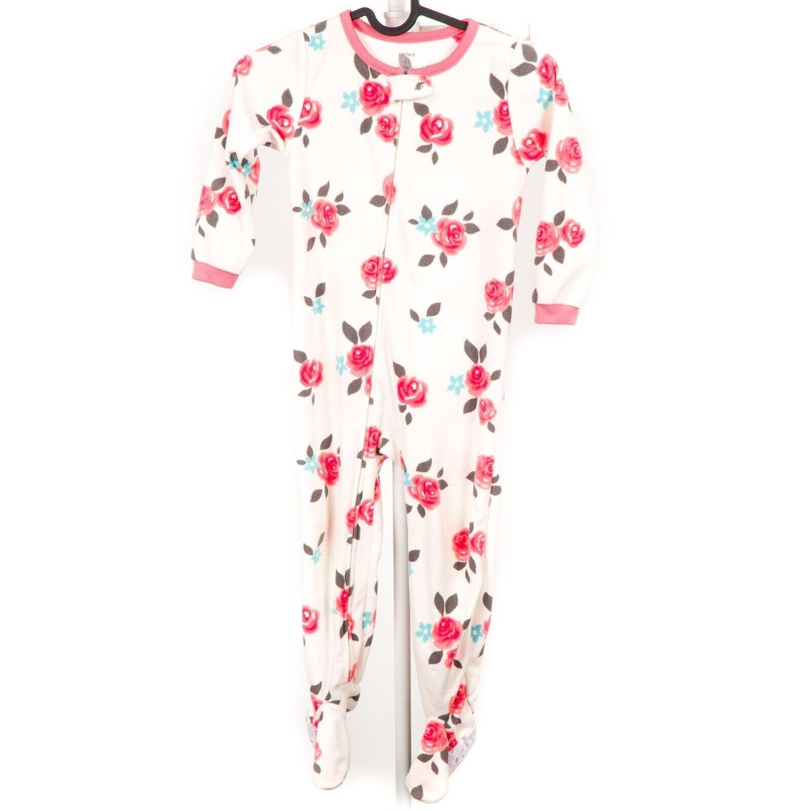 Carters Fleece Footie Pajamas 4T Girls Rose Floral White Pink Winter PJs - $19.66