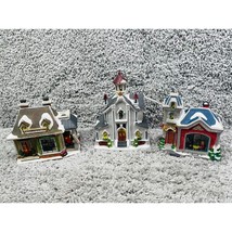 Christmas Winter Victiorian Set of 3 Lighted Buildings Station Church So... - $61.67