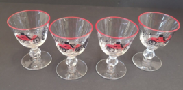 Vintage Clear Stemmed Sherry Glasses Red Rim 1899 Packard  Car 4 - $10.84