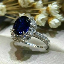3CT Oval Cut Blue Sapphire Diamond Halo Engagement Ring in 14K White Gold Finish - £159.23 GBP