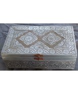 BEAUTIFUL Vintage Velvet Lined Wooden Jewelry Box - Stamped Aluminum Cov... - £38.91 GBP