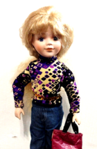 Vintage Porcelain Doll 17&quot; Blonde Long Hair Jeans - £10.12 GBP