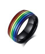 Modyle Unisex Rainbow Lines Ring Classic Stainless Steel Pride LGBT Wedding Band - $9.64