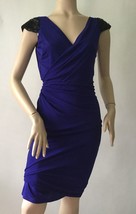 Badgley Mischka Jewel Blue Embellished Shoulders Wrap Look Styled Dress (Size 8) - £97.39 GBP