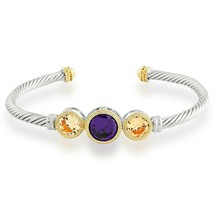Sterling Silver Antique Style Amethyst and Champagne Center CZ Rope Bangle - £83.50 GBP
