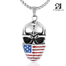 Mens US Flag Mask Skeleton Pendant Punk Biker Necklace Stainless Steel Chain 24&quot; - £9.54 GBP