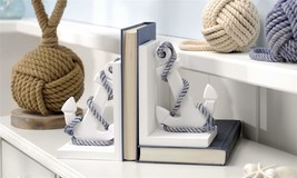 Anchor Bookends White Nautical Set With Blue Hemp Rope Detailing Ocean  7" Long image 2