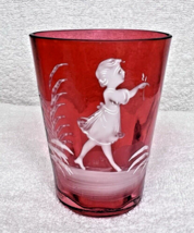 Antique Cranberry Tumbler Mary Gregory Style Enameling Mouth Blown 3 7/8... - $36.14
