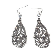 Vintage Filigree Silver Tone Faceted Teardrop Open Faced Dangle Drop Ear... - $31.68