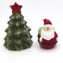 Ceramic Santa &amp; Christmas Tree Salt &amp; Pepper Shakers Set Plastic Bottom ... - $167.24 MXN