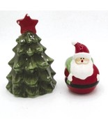 Ceramic Santa &amp; Christmas Tree Salt &amp; Pepper Shakers Set Plastic Bottom ... - $166.45 MXN