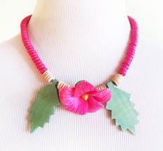 Wild Vintage Tribal Boho Earthen Beaded Wood Flower Statement Island Necklace - $27.71