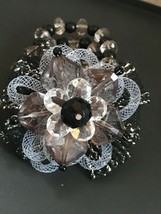 Estate Triple Strand Black &amp; Clear Plastic Bead w Large Layered Flower Stretch  - £11.80 GBP