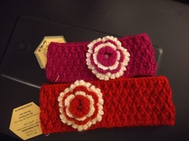 Set Of 2 Child Size Crocheted Flower Headband Ear Warmers Earmuffs Pink Red - £22.81 GBP